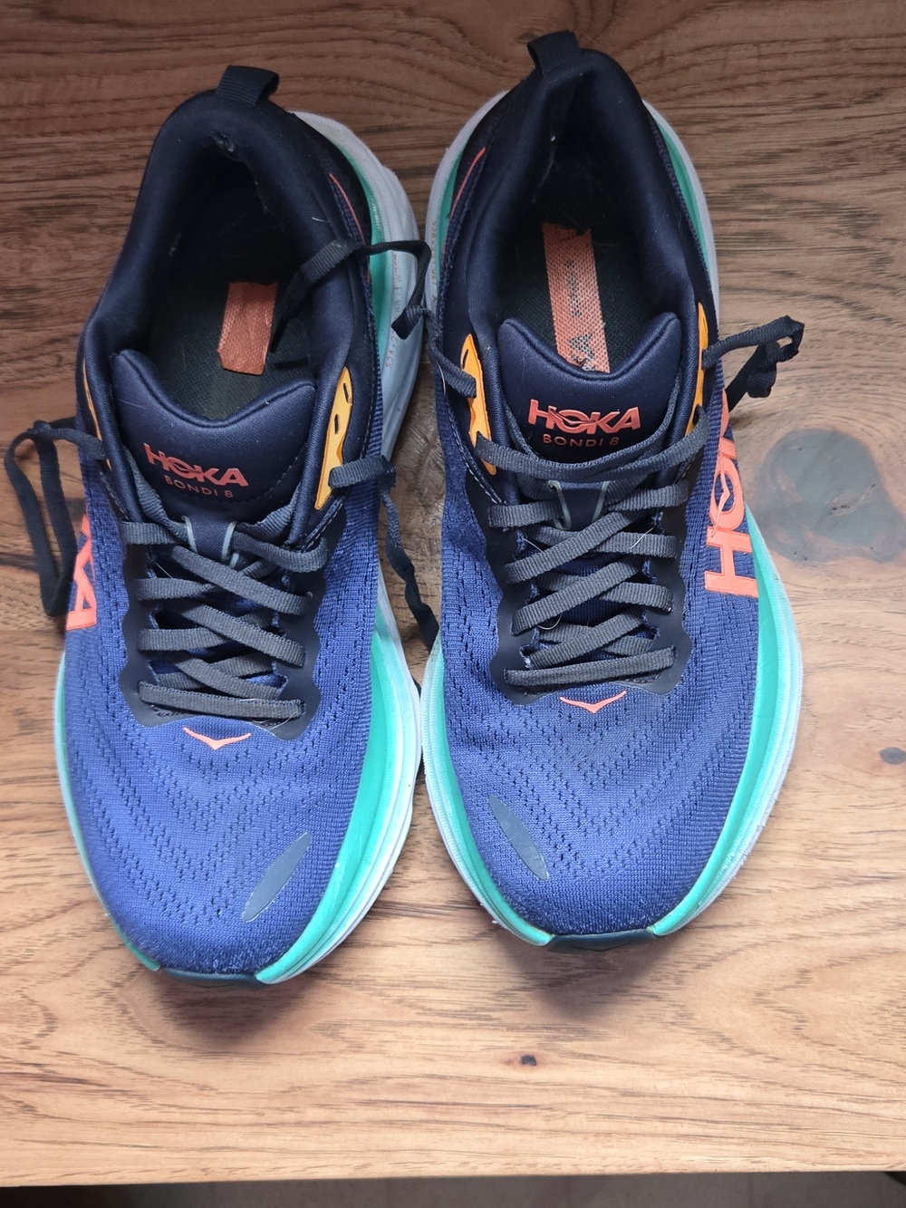 Hoka Navy, Teal & Orange Bondi 8 Running Shoes 8.5